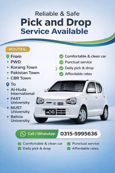 Pick n Drop for Rawalpindi Islamabad day night shift