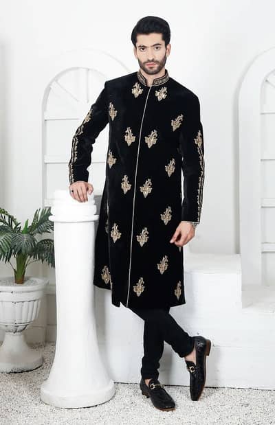 Designer Black Velvet Sherwani with Detailed Hand-worked Motive