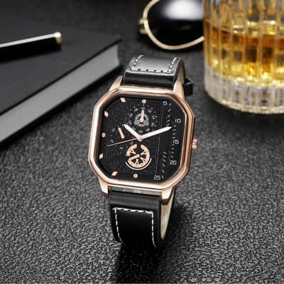 Men’s Square Dial Quartz Watch with Stylish Leather Strap