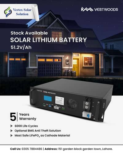Vestwoods 5.12kWh LiFePO4 Battery | 51.2V 100Ah | 5 Year Warranty