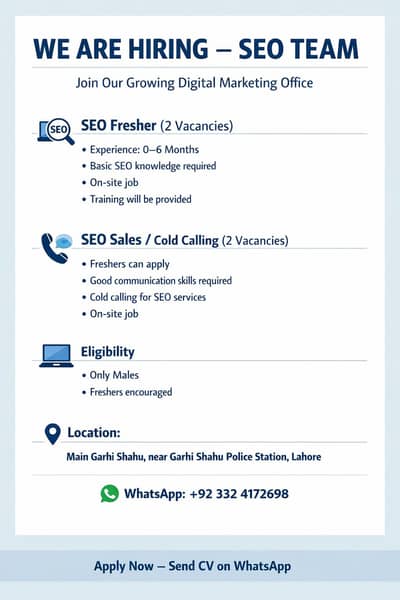 Hiring SEO Fresher & Cold Calling Executive – Garhi Shahu