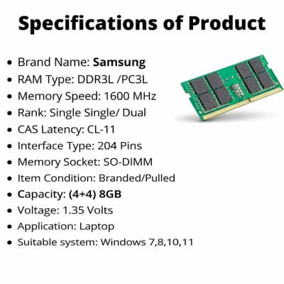 8GB DDR3 Laptop RAM, SO-DIMM, 204-pins, 1600MHz