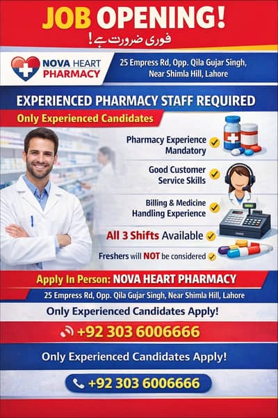 Experienced Pharmacy Staff Required – Lahore