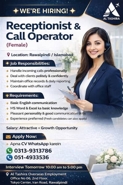 Urgent Required Male & Female Receptionist / Call Operator