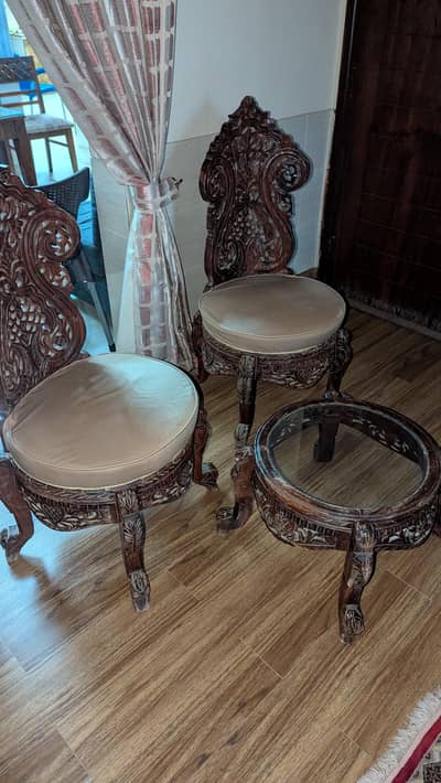 Coffee Chairs Set | 2 Chairs and a Table | Carving