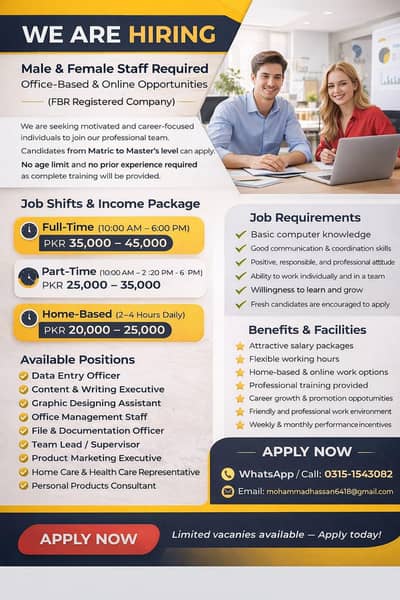 Join our professional team| Male and Female staff required .