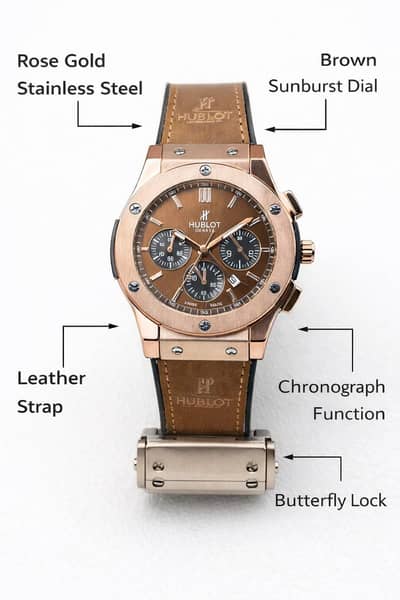 Hublot automatic watch for men leather strap, butterfly lock,