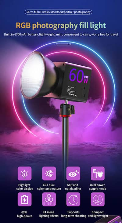 Mamen SL-C60R LED Video BI Color +RGB Light With Built In Battery Powe