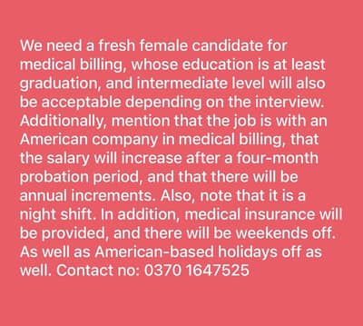 Need fresh female candidate. (American Medical billing)
