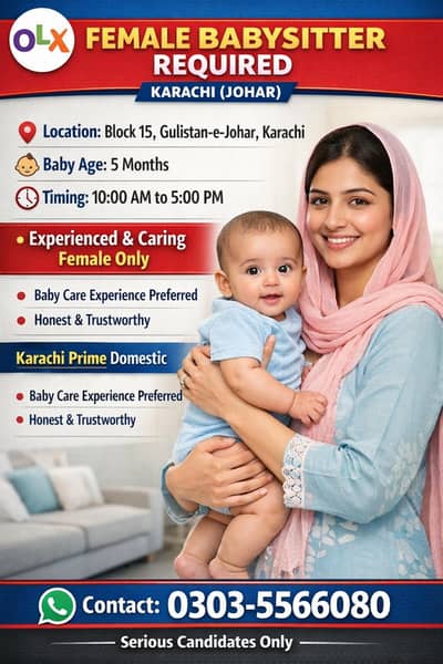 Required Female Babysitter 10 se 5 Gulistan-e-Johar