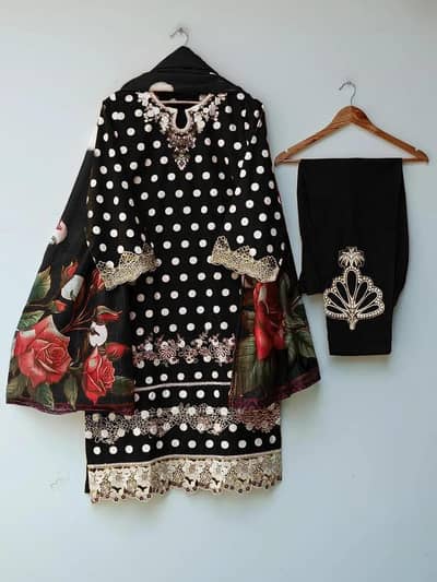 Women's Embroidered Polka Dot 3-Piece Set (Black & Mustard)