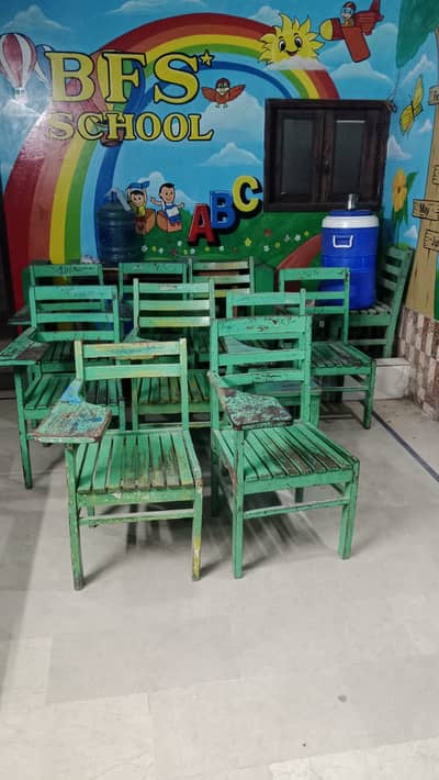 Wooden chairs and wooden desks