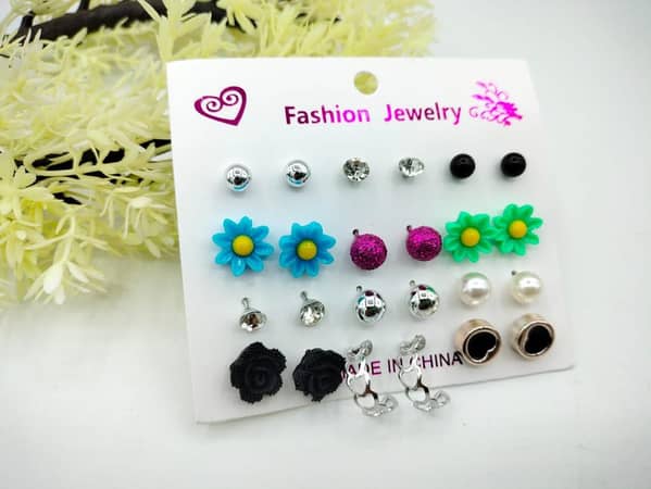 12 Pairs Colorful Crystal and Pearl Earrings Set by MM jewellers