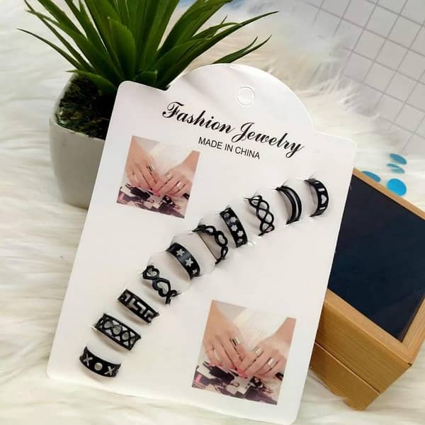 MM Jewellers Set of 10 Black Stainless Adjustable Rings for Girls