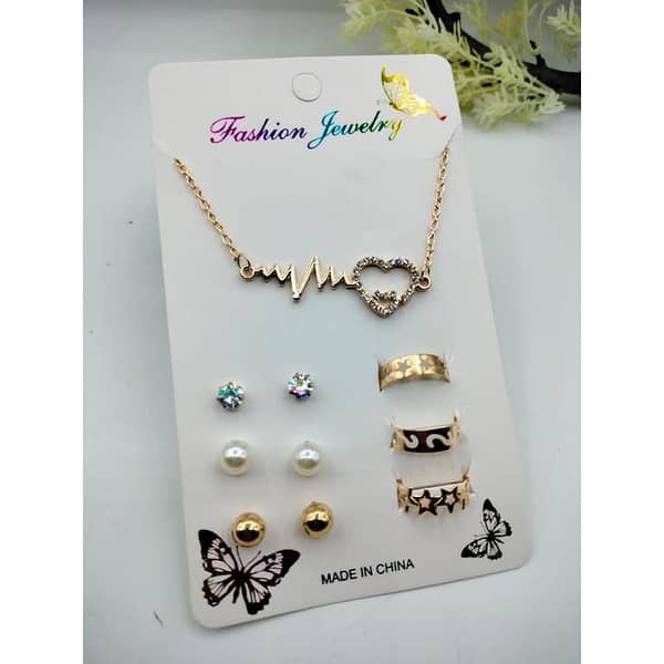 Pack of 7 Jewelry Set: 1 Necklace/Pendant, 3 Stud Earring Pairs, and 3 Adjustable Rings
