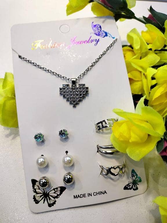 Pack of 7 Jewellery Set: 1 Necklace/Pendant, 3 Stud Earrings pairs, and 3 adjustable Rings