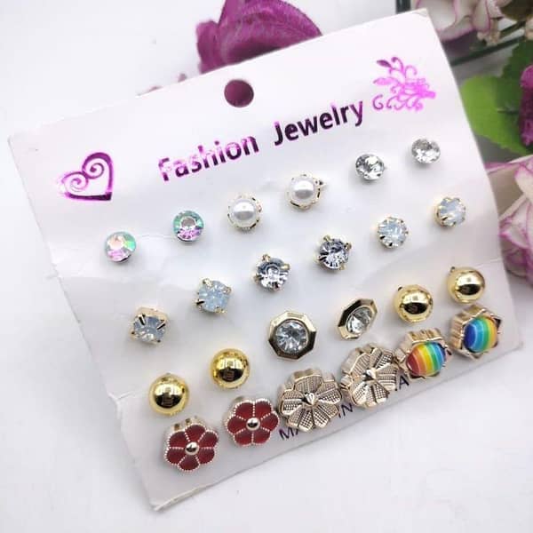 12 Pairs Crystal Rhinestone Flower Stud Earrings Set by MM Jewellers