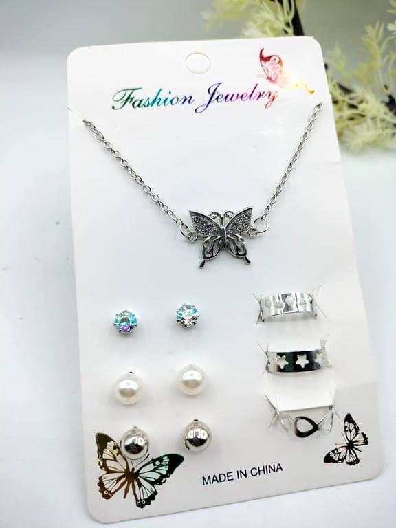 Pack of 7 Jewelry Set: 1 Necklace Pendant, 3 Pairs Stud Earrings, and 3 Adjustable Rings