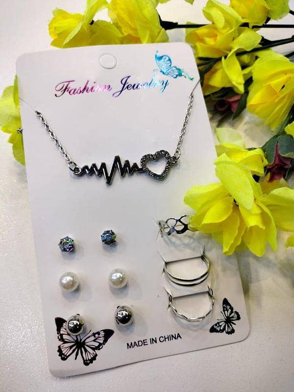 Pack of 7 Jewelry Set: 1 Necklace/Pendant, 3 Stud Earring Pairs, and 3 Adjustable Rings