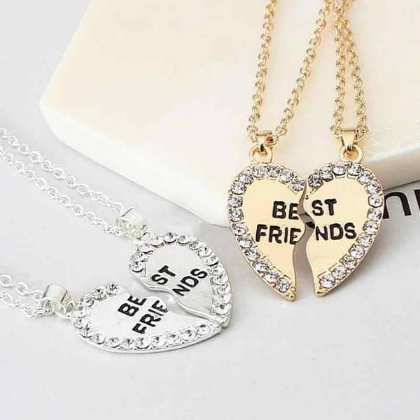 Unisex 2 Pcs BFF Necklace Women Crystal Heart Pendant Best Friend Letter Necklace