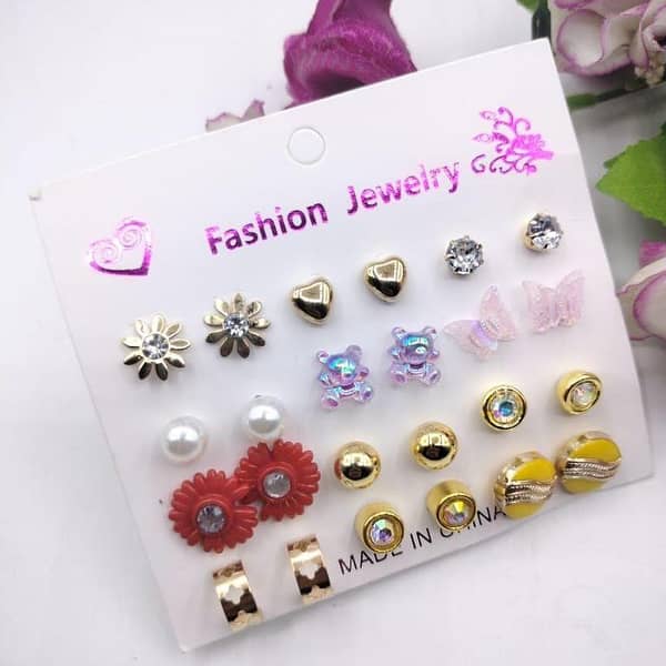 12 Pairs Set: Crystal Pearl Stud Earrings for Women by MM Jewellers