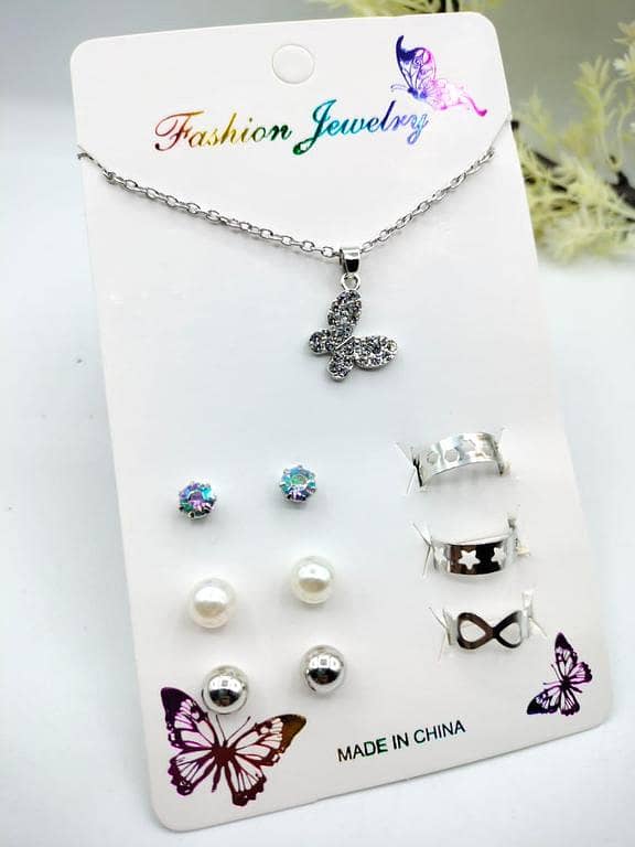 Pack of 7 Jewellery Set: 1 Necklace/Pendant, 3 Adjustable Rings, and 3 Stud Earrings
