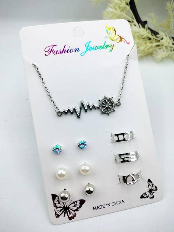 Pack of 7 Jewellery Set: 1 Necklace/Pendant, 3 Stud Earrings, and 3 Adjustable Rings
