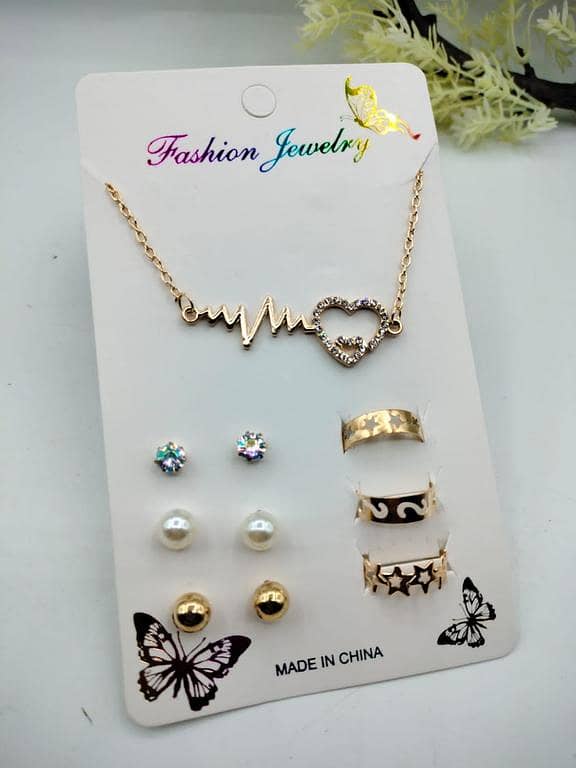 Pack of 7 Jewellery Set: 1 Necklace/Pendant, 3 Stud Earrings, and 3 Adjustable Rings