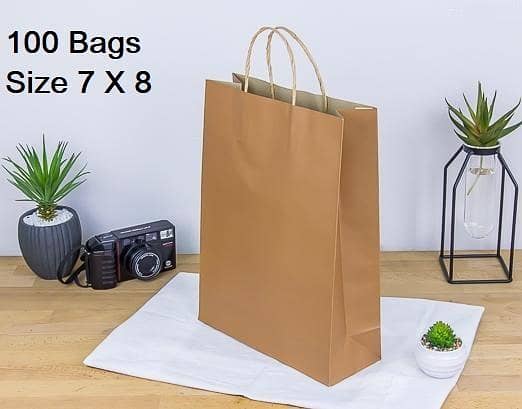 100Pcs Kraft Paper Bags with Handles, 7 x 8 x 3 Inches, Yellow Leather-Inspired Accent, Recyclable Gift Bags (Kraft Brown) – Bulk Pack