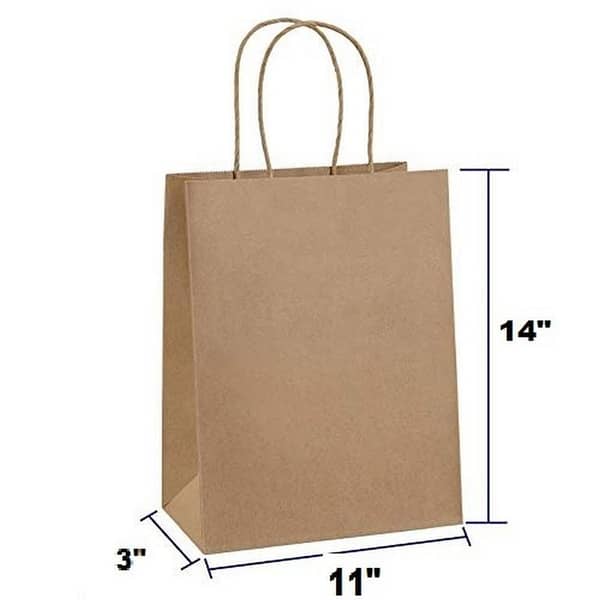 Pack of 100 Kraft Paper Bags with Handles 11 x 14 x 3 (110 g) – Gift, Party, Retail, or Merchandise Bags
