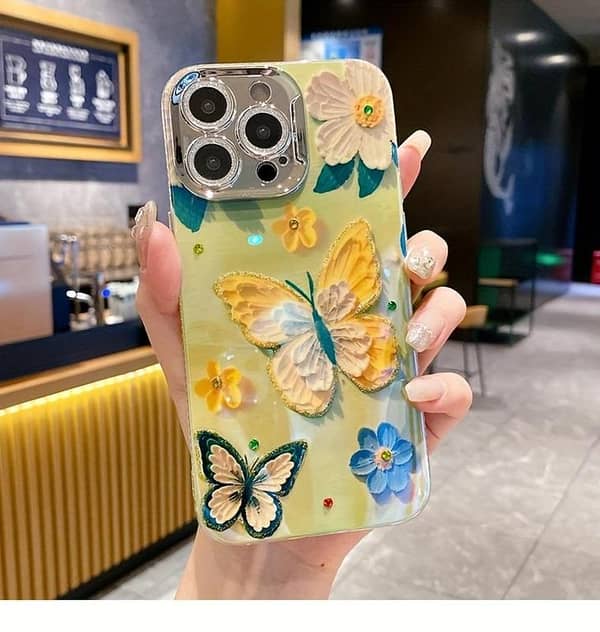 Floral 3D Phone Case with Gem Camera Lens for iPhone 11–16 Series