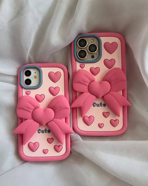 3D Heart Bow iPhone Case with Stand — Plush, Cute Design for Girls (iPhone 11–16 Pro Max)