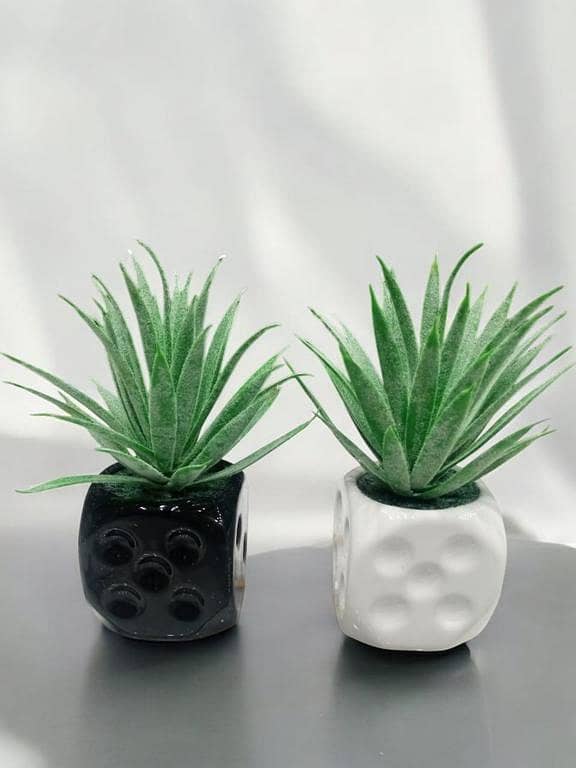 Single Piece Artificial Cactus Plant in Dice Ceramic Pot, 6 Inches, Black/White