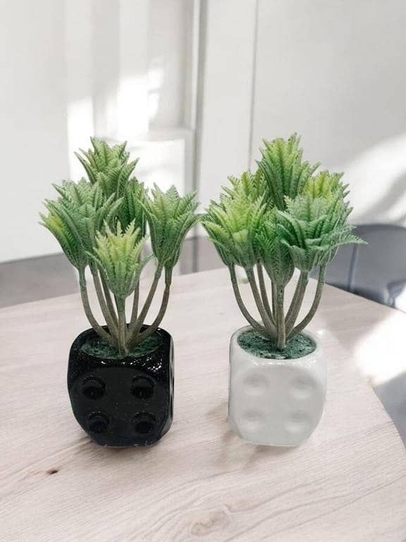 Single Piece Artificial Plant in Dice Ceramic Pot, 6 Inches, Black and White