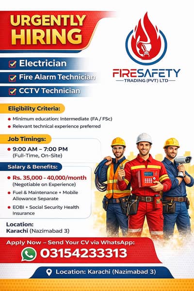 Electrician Jobs |Fire Alarm Technician Required  CCTV Technician Jobs