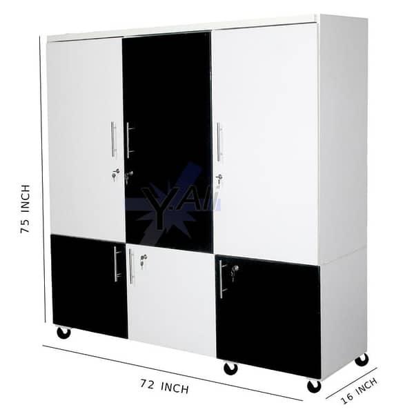 Black White 6x6 Feet Wooden Folding Wardrobe with Six Doors in Two Parts, 16 Inch Depth