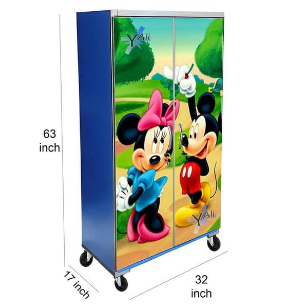 5 Feet Mickey And Minne Mouse Theme wooden Sheet Wardrobe For Kids Cupboard Almari -Blue