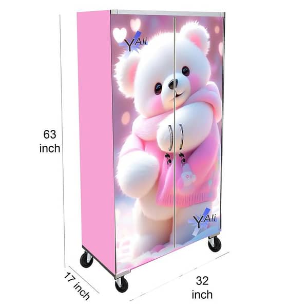 5 Feet Teddy Bear Theme wooden Sheet Wardrobe For Kids Cupboard Almari -pink