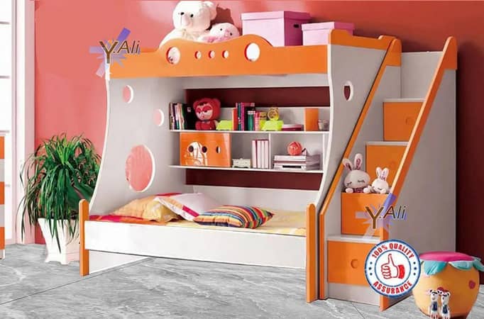 Double White Orange Wooded Sheet Bunk Bed Without mattress - Bunker bed kids bed kids Furniture