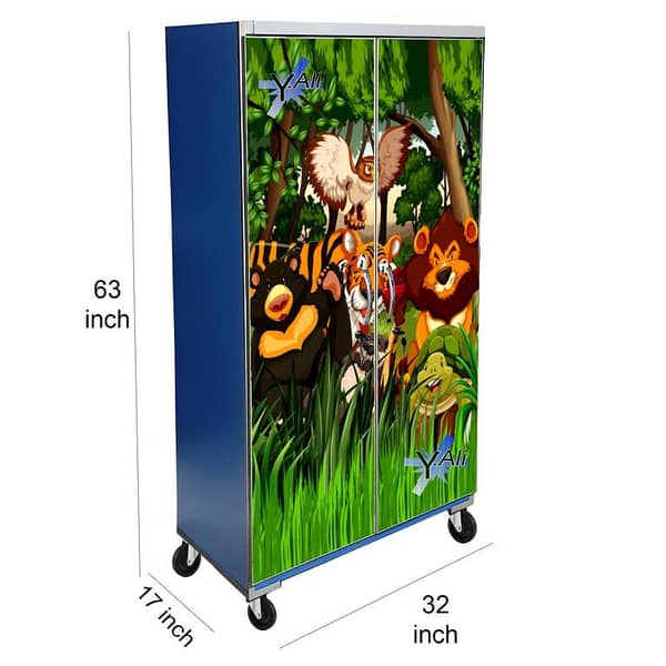 5 Feet Jungle Animals Theme wooden Sheet Wardrobe For Kids Cupboard Almari Blue