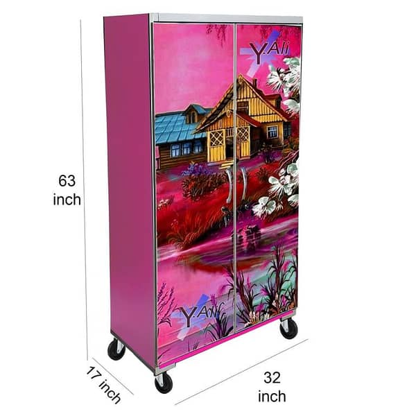 5 Feet hut natural scene Theme wooden Sheet Wardrobe For Kids Cupboard Almari -pink