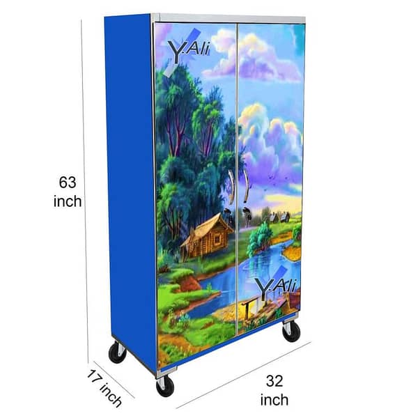 5 Feet Natural Scene Theme wooden Sheet Wardrobe For Kids Cupboard Almari Blue