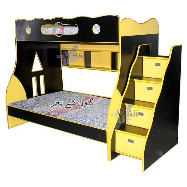 D1.2 Wooden Sheet Double Bunker bed Black Yellow for kidsWithout Mattress , Kids bed  bunk bed kids