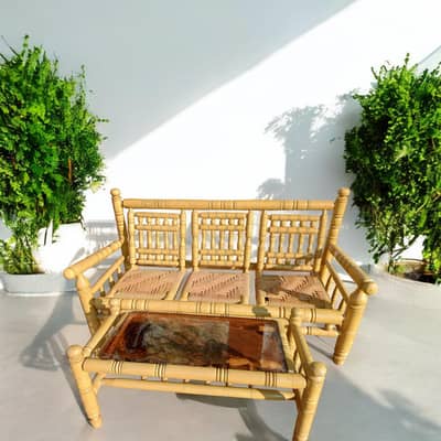 6 Pcs Bamboo Cane Sindhi-Style Sofa Set With a Glass Top Table