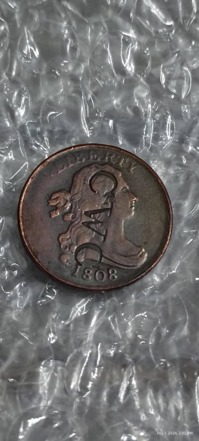 USA ANTIQ 1808, DRAPD BUST HALF CENT, OLD COIN, CWC STAMPED, RARE COIN