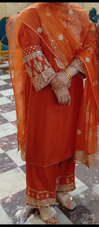 golden embroidered Pani work  shirt trousers and orgenza duppatta