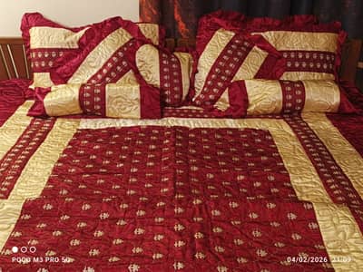 Luxury Silk Bridal Bed Set – 9 Pcs | Maroon & Fawn