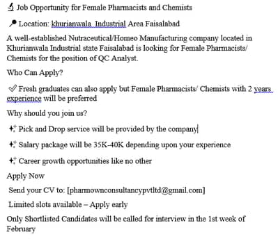  Job Opportunity for Female Pharmacists and Chemists