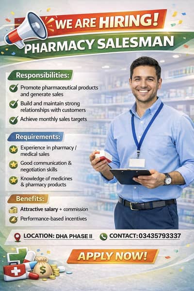 SALESMAN REQUIRED FOR A PHARMACY AND CLINIC SETUP