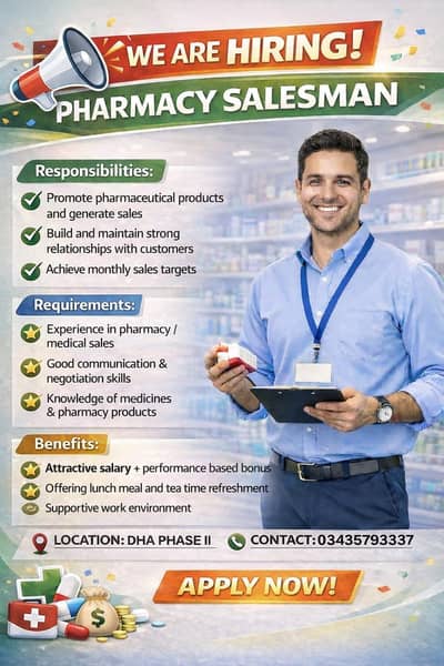 SALESMAN REQUIRED FOR A PHARMACY AND CLINIC SETUP